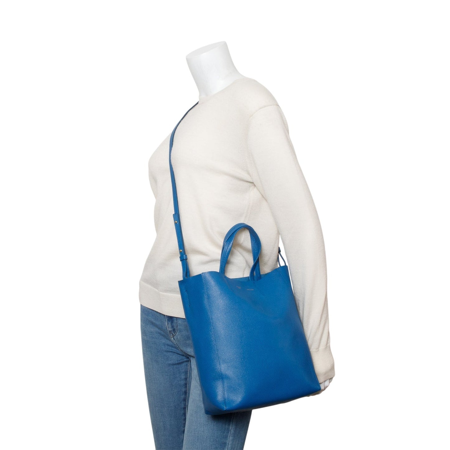 Celine Grained Calfskin Vertical Cabas Tote Handbag Blue Small Tote Bag