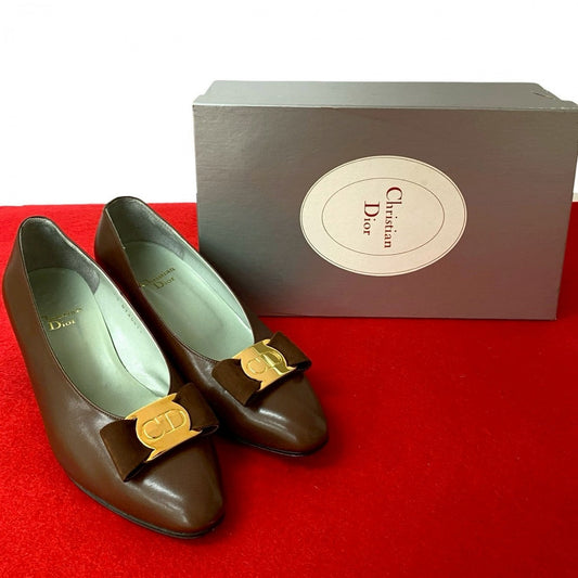 Dior Pumps Cd Ribbon Women Handbag Leather Brown Shoes