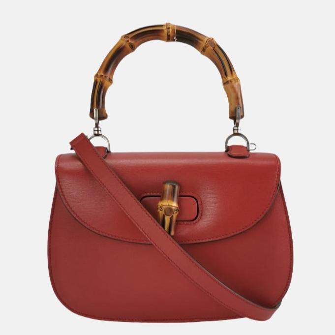 Gucci Bamboo Burgundy Strap Leather Red Small Top Handle Travel Bag