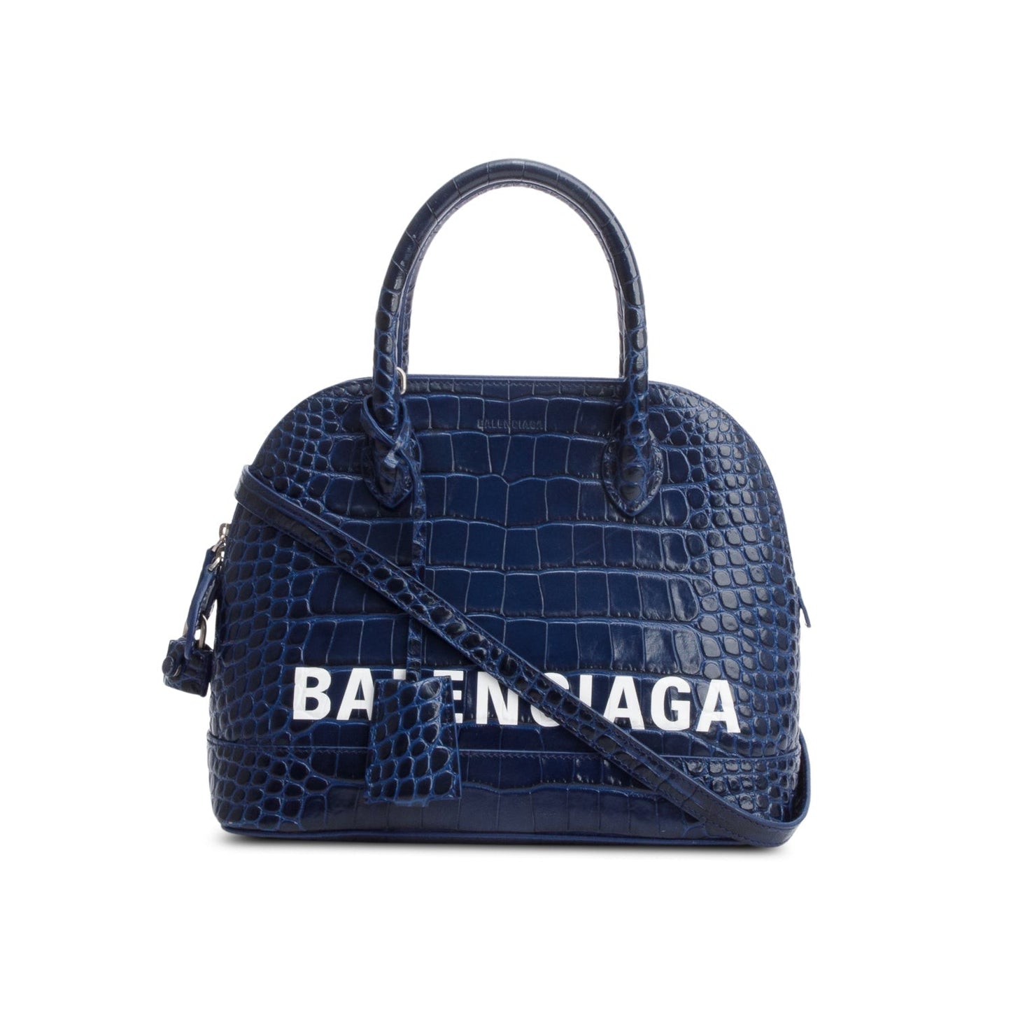 Balenciaga Navy Shiny Calfskin Croc Embossed Ville Top Logo Travel Bag