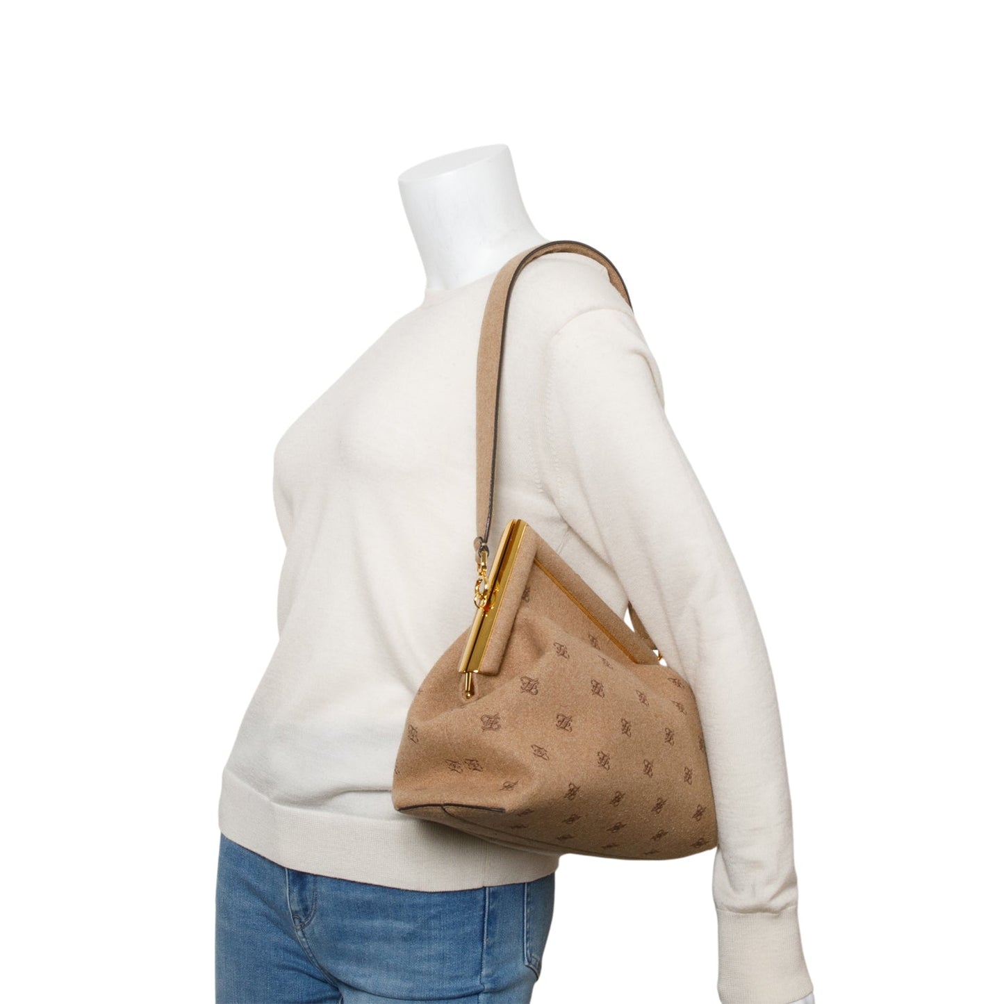 Fendi Flannel Karligraphy Embroidered First Bag Beige Travel Bag
