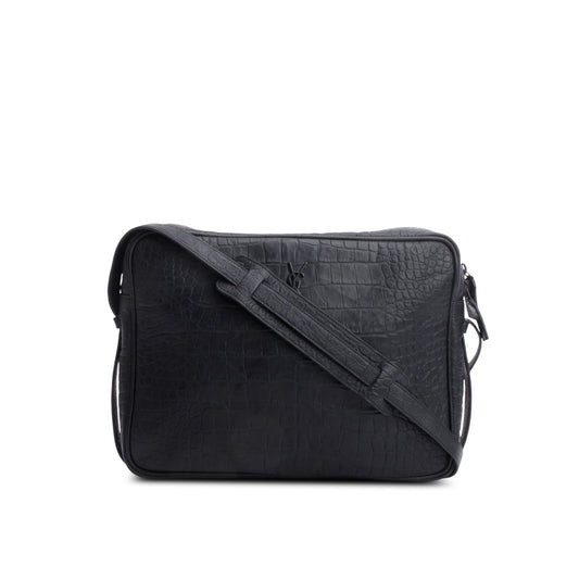 YSL Saint Laurent Croc Embossed Zip Messenger Bag Black Travel Bag