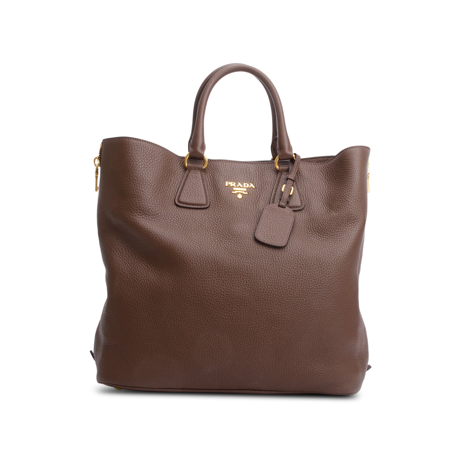 Prada Vitello Daino Side Zip Shopping Tote Handbag Leather Brown Tote Bag