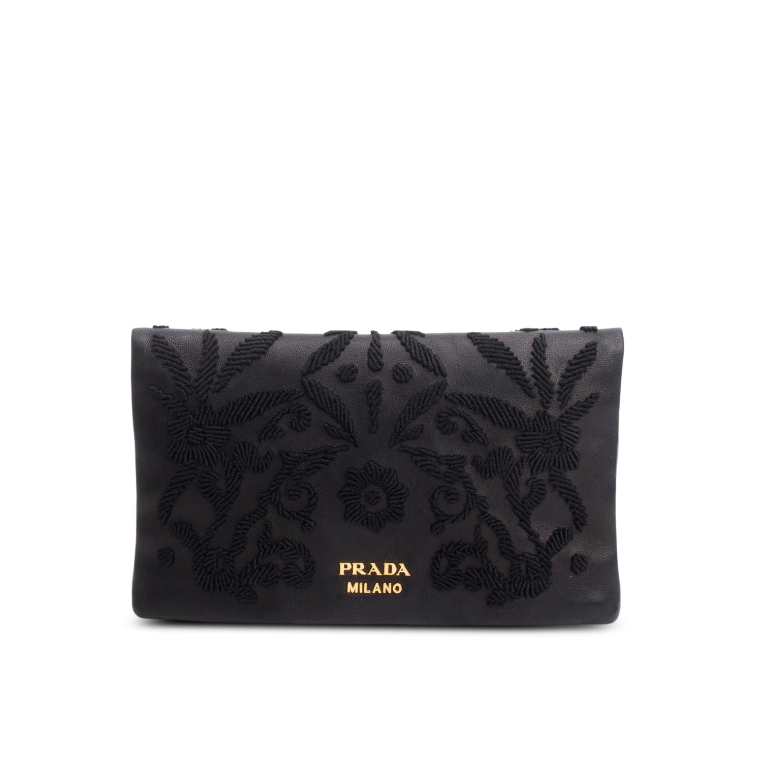 Prada Nappa Ricamo Clutch Handbag Black Flap Clutch Bag