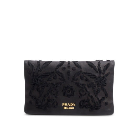 Prada Nappa Ricamo Clutch Handbag Black Flap Clutch Bag