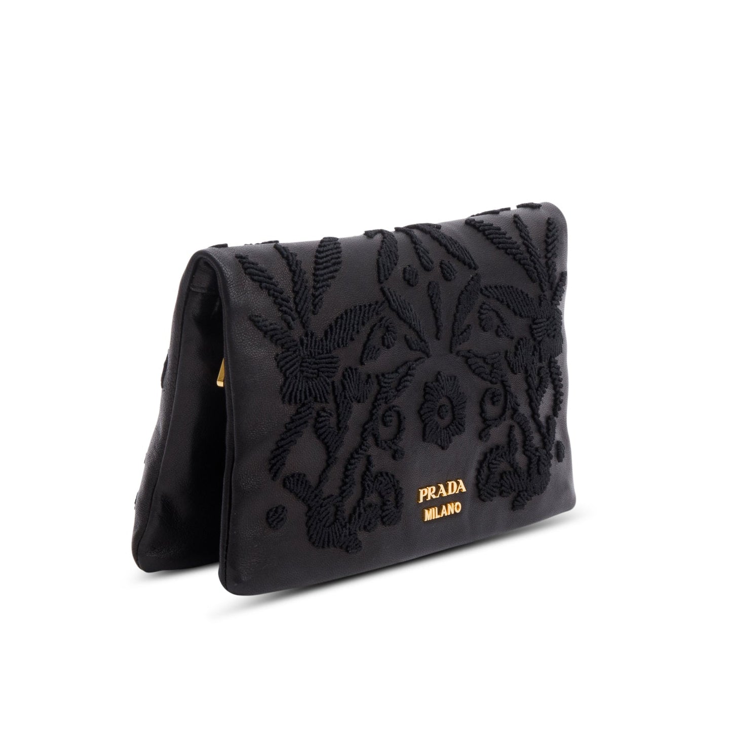 Prada Nappa Ricamo Clutch Handbag Black Flap Clutch Bag