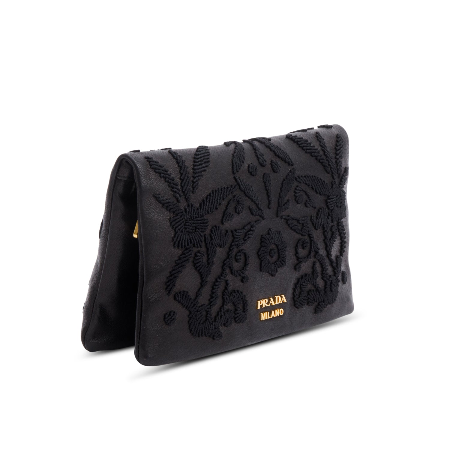 Prada Nappa Ricamo Clutch Handbag Black Flap Clutch Bag