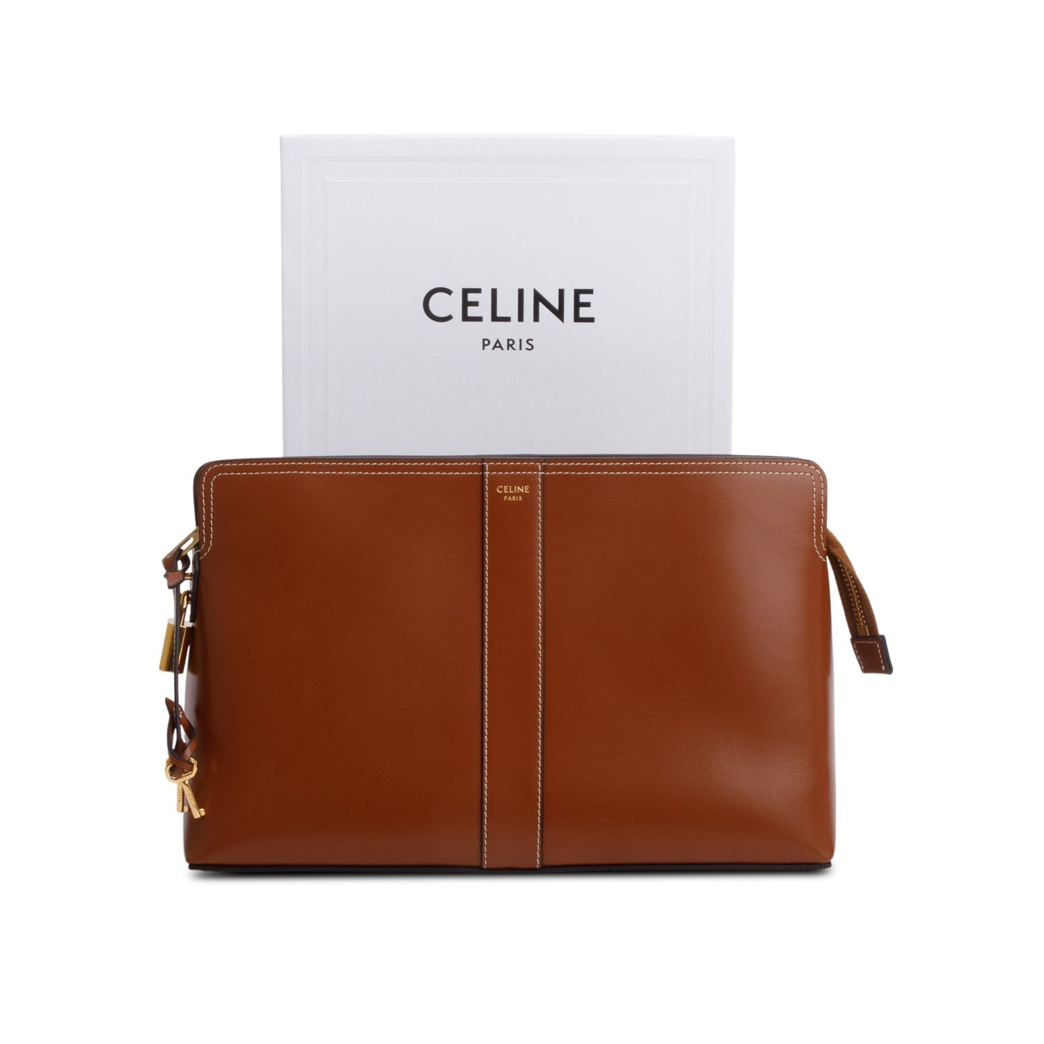 Celine Shiny Calfskin Lock Toiletry Pouch Handbag Leather Tan Travel Bag