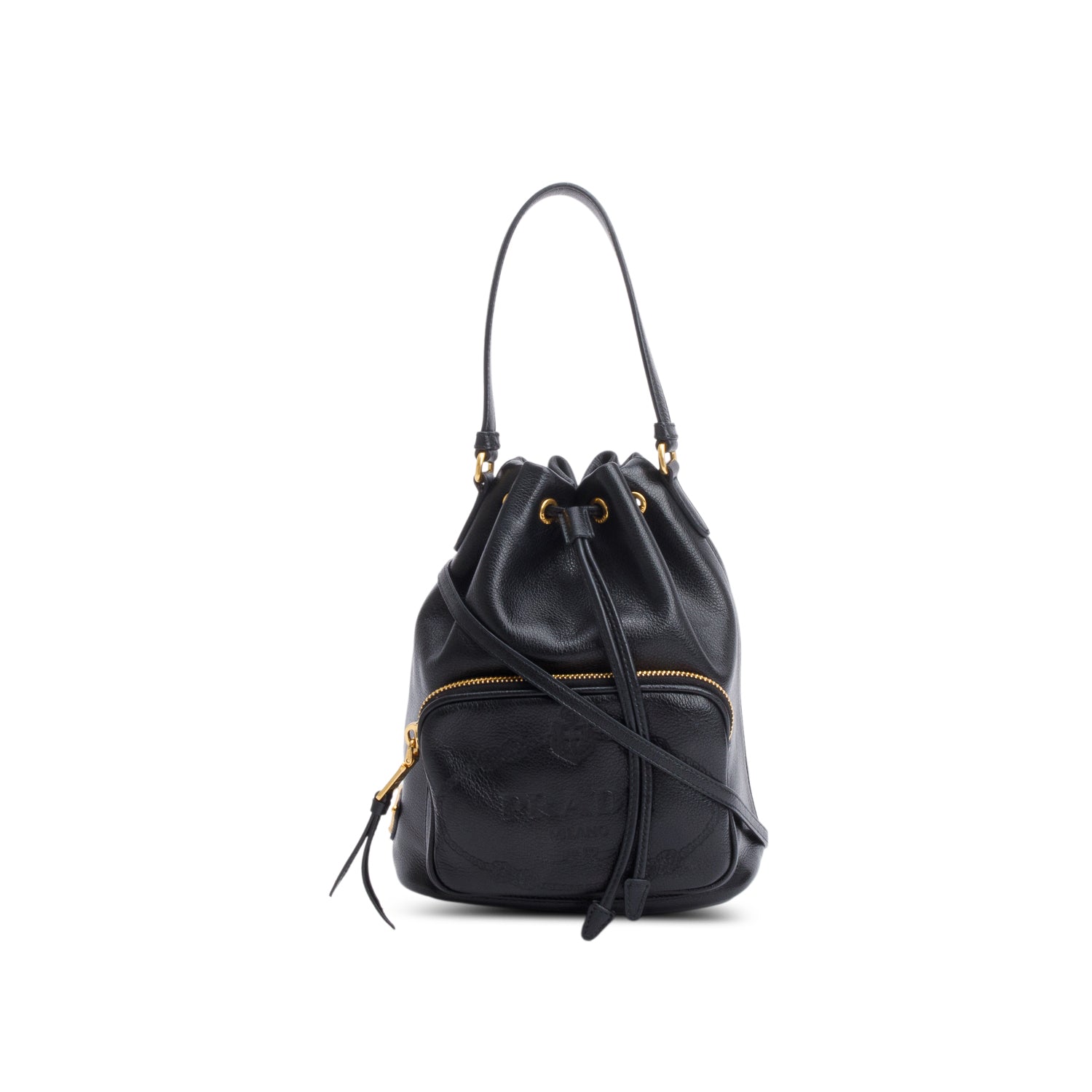 Prada Glace Calf Duet Bucket Bag Leather Black