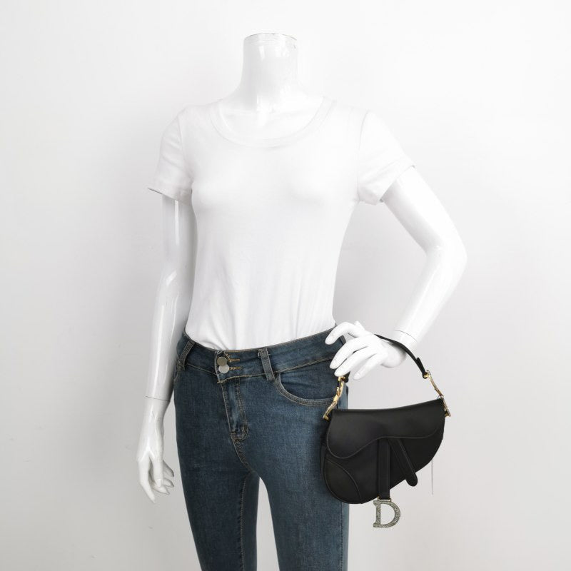 Dior Saddle Silk With Crystal Embedded Buckles Handbag Black Mini Travel Bag