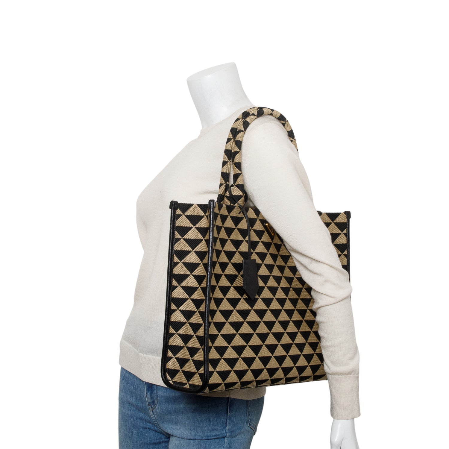 Prada Embroidered Fabric Large Symbole Tote Handbag Black Beige Tote Bag