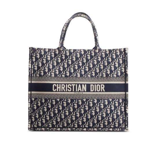 Dior Christian Ecru And Oblique Embroidery Book Tote Blue Large Tote Bag