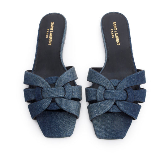 YSL Saint Laurent Tribute Flat Slides Size Travel Bag Denim Blue Shoes