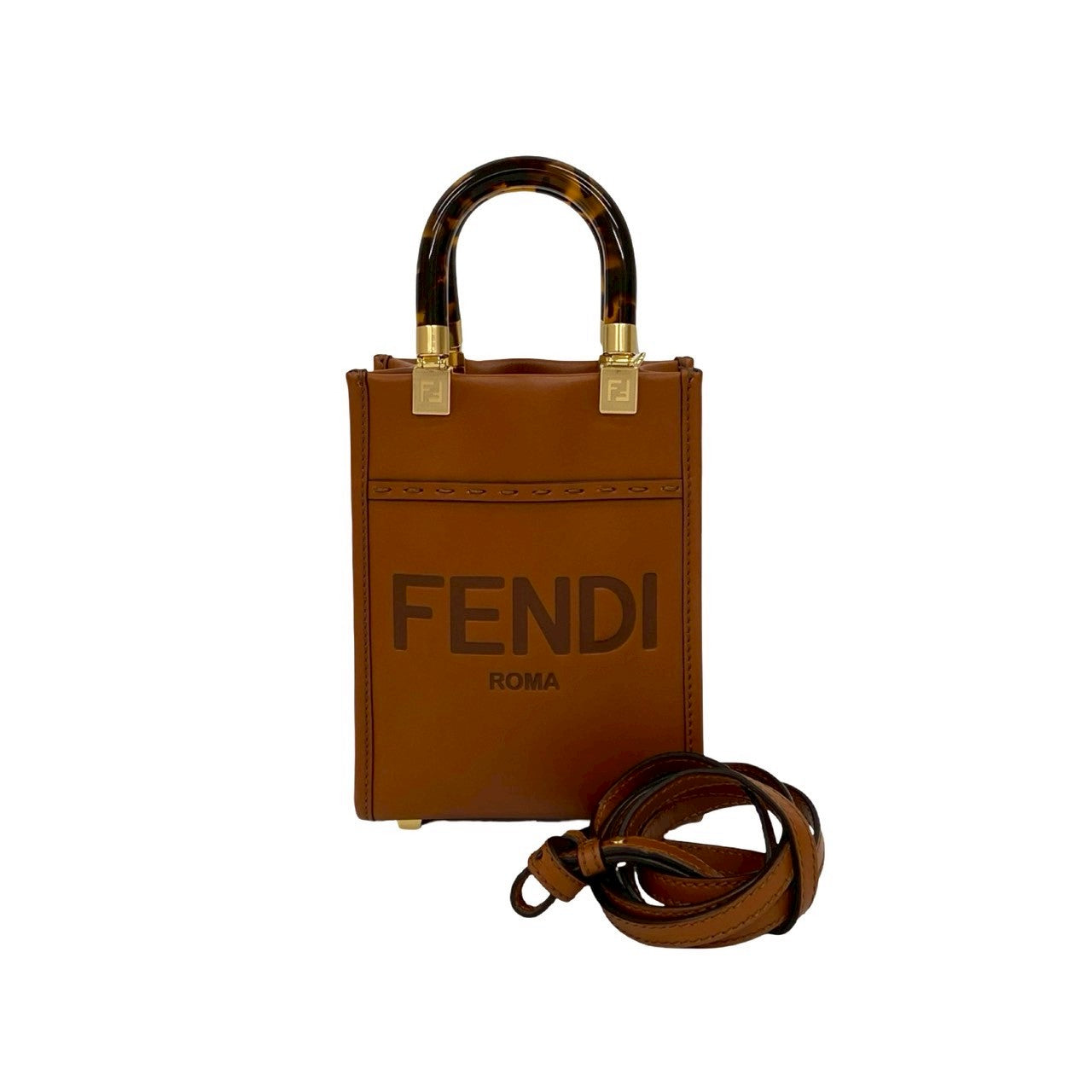 Fendi Shoulder Bag Sunshine Shopper Leather Brown Mini
