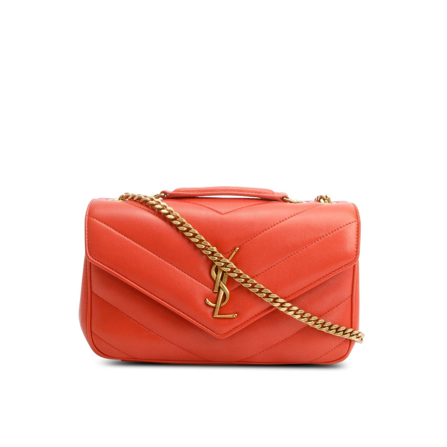 YSL Saint Laurent Orange Lambskin Chevron Loulou Bag Quilted Small Travel Bag