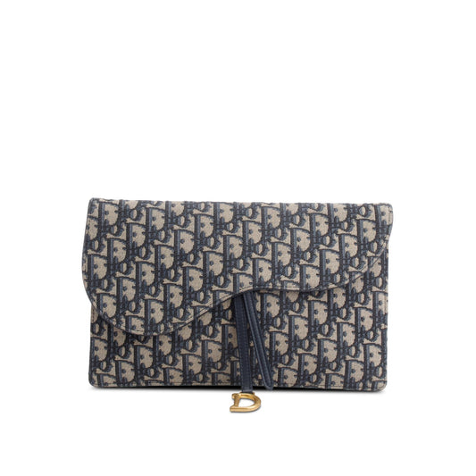 Dior Christian Oblique Jacquard Saddle Pouch Handbag Canvas Blue Travel Bag