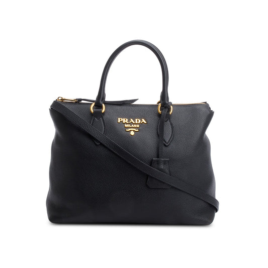 Prada Vitello Daino Zip Tote Handbag Black Small Tote Bag