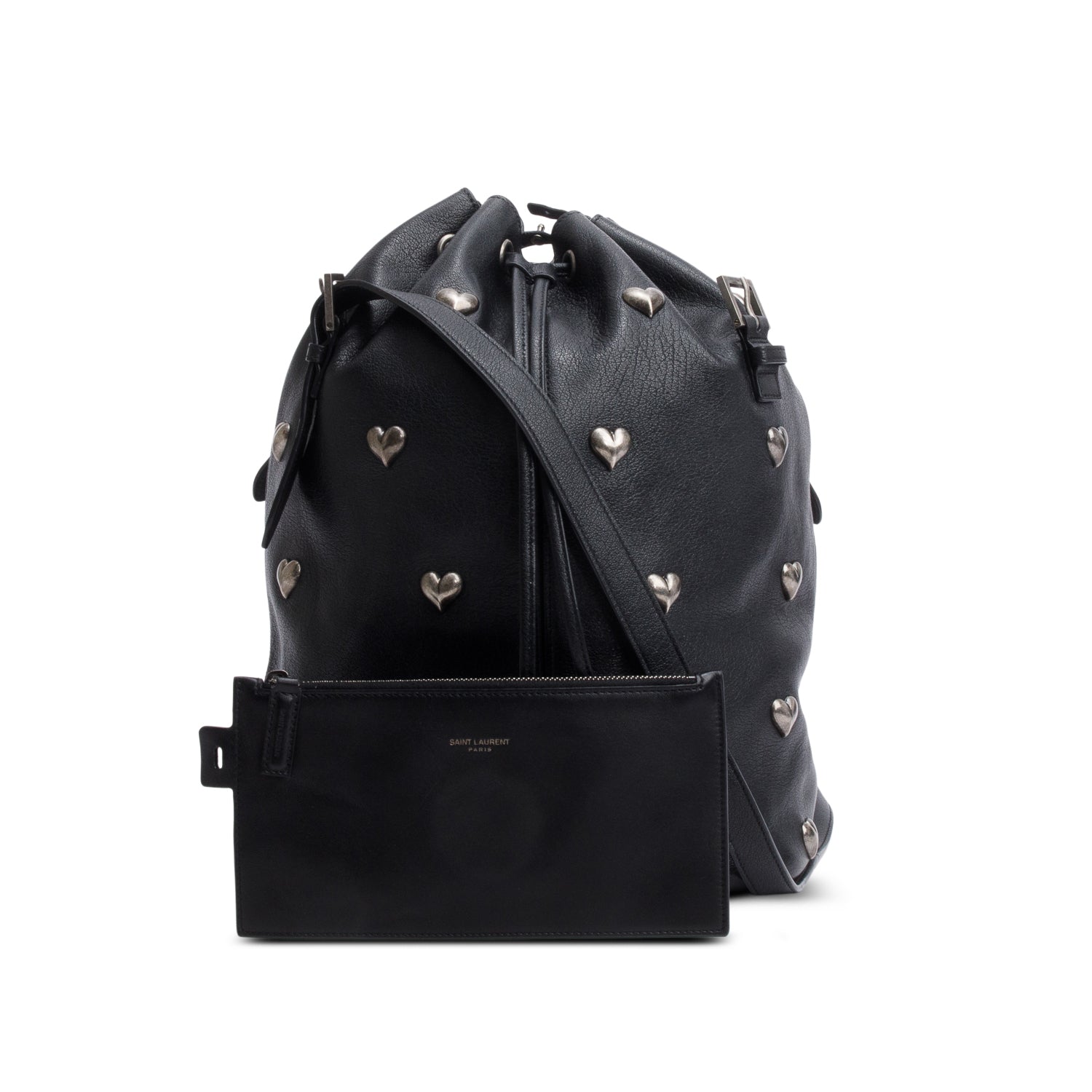 YSL Saint Laurent Lambskin Heart Studded Riva Bag Black Medium Bucket Bag