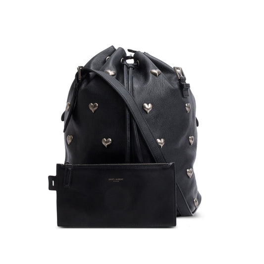 YSL Saint Laurent Lambskin Heart Studded Riva Bag Black Medium Bucket Bag