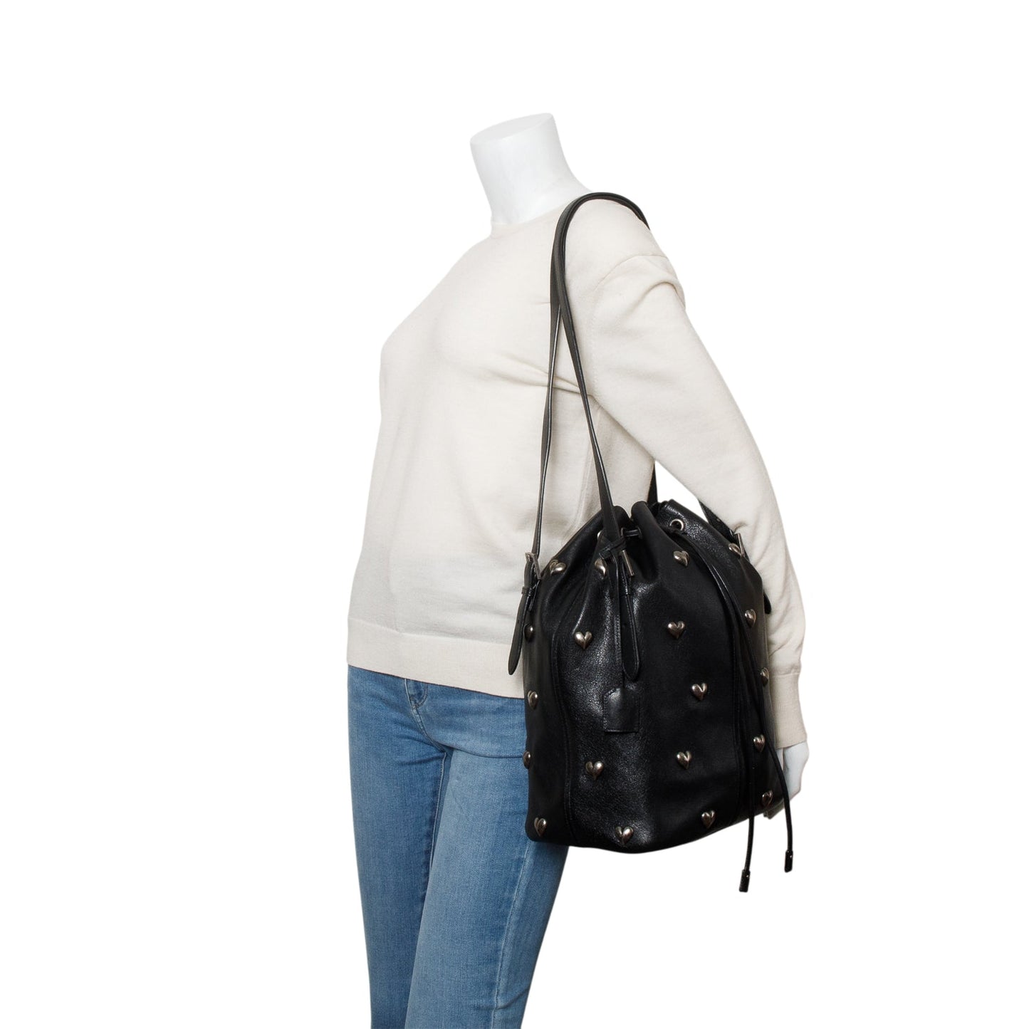 YSL Saint Laurent Lambskin Heart Studded Riva Bag Black Medium Bucket Bag