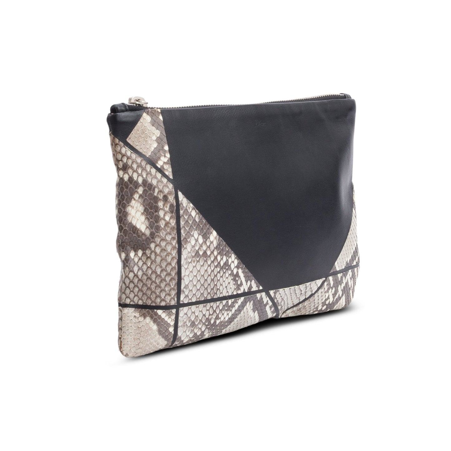 Dior Christian Grey Python Trim Zip Pouch Handbag Leather Black Travel Bag