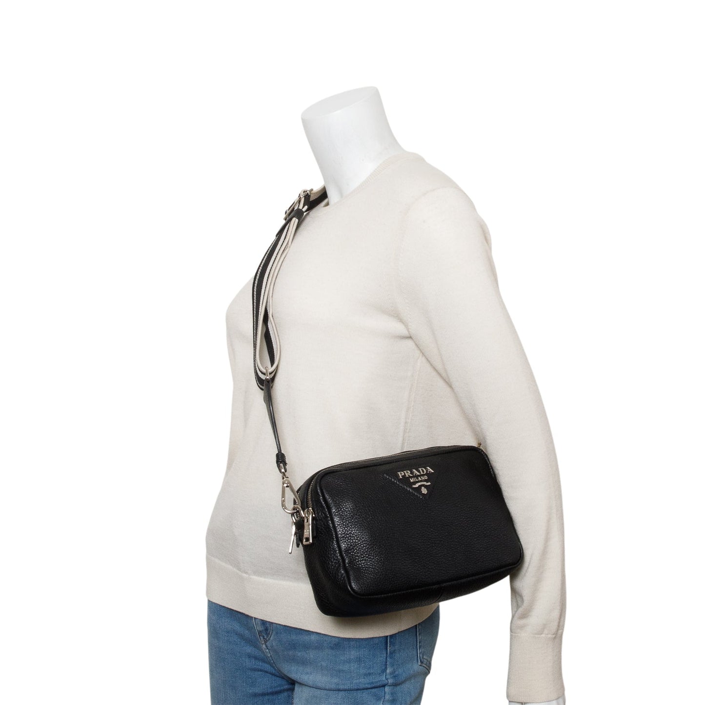 Prada Vitello Daino Soft Double Zip Shoulder Bag Black Medium