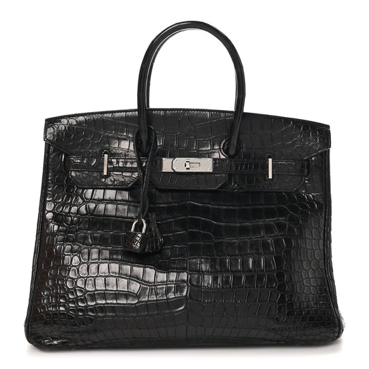Hermes Shiny Porosus Crocodile Birkin Handbag Black Travel Bag 35 Black 1721106