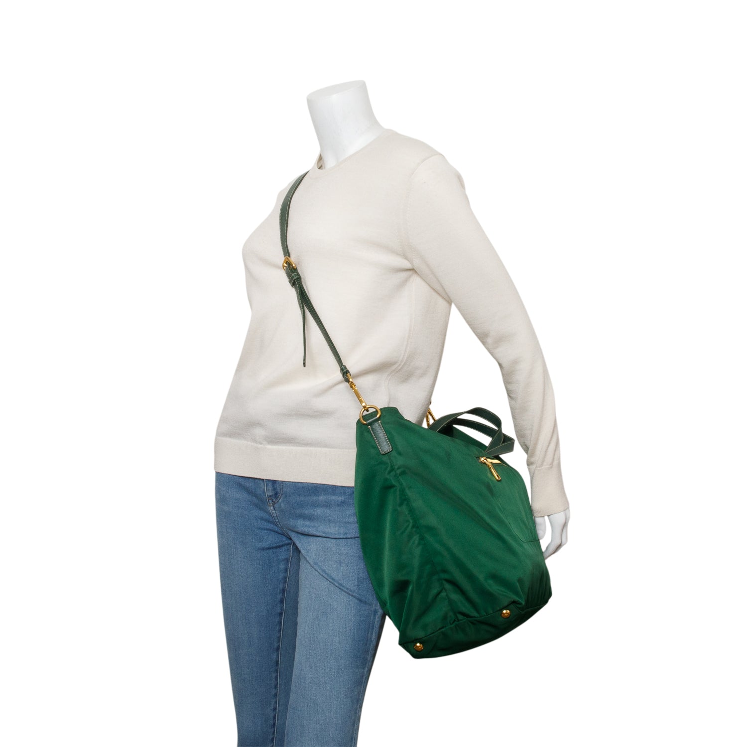 Prada Saffiano Trimmed Tessuto Tote Handbag Nylon Green Tote Bag