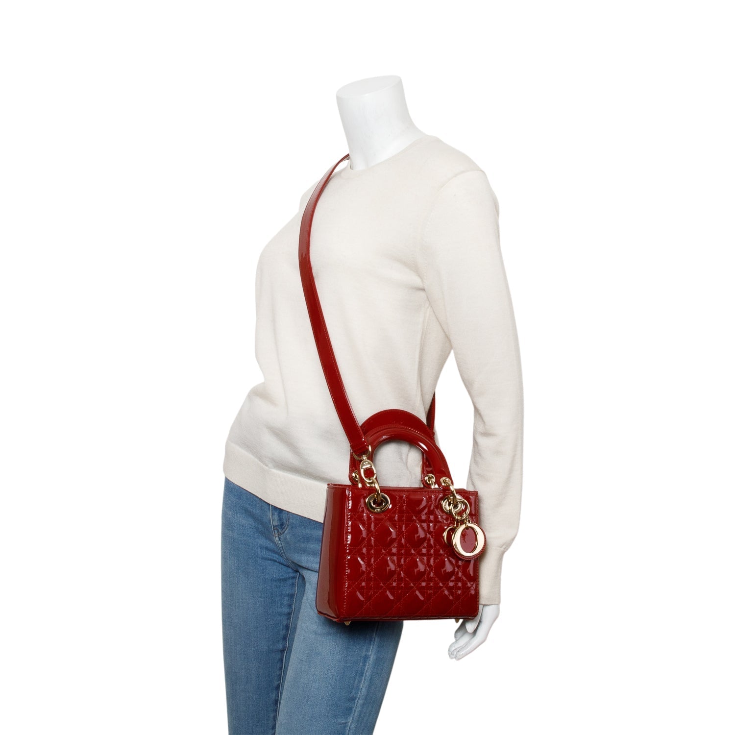 Dior Christian Patent Cannage Lady Handbag Leather Red Travel Bag
