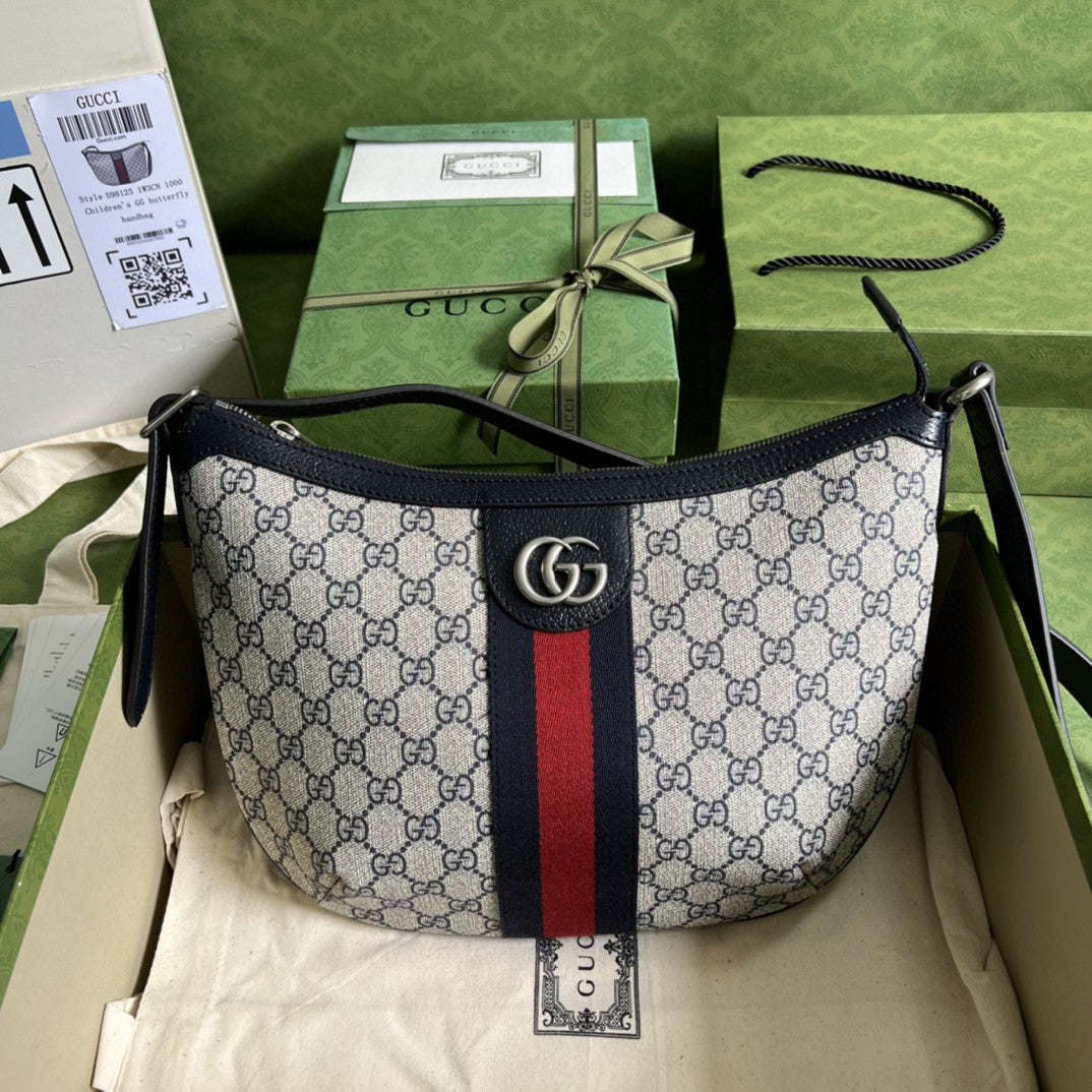 gg Ophidia gg Supreme Canvas Beige Blue Small Shoulder Bag