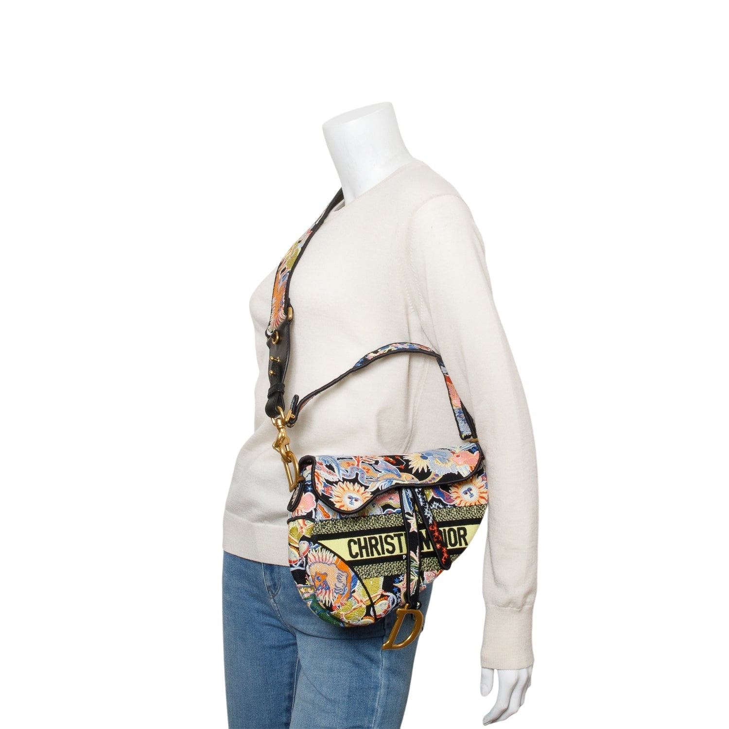 Dior Christian Multicolor Embroidered Zodiac Fantastico Saddle Bag Canvas Travel Bag