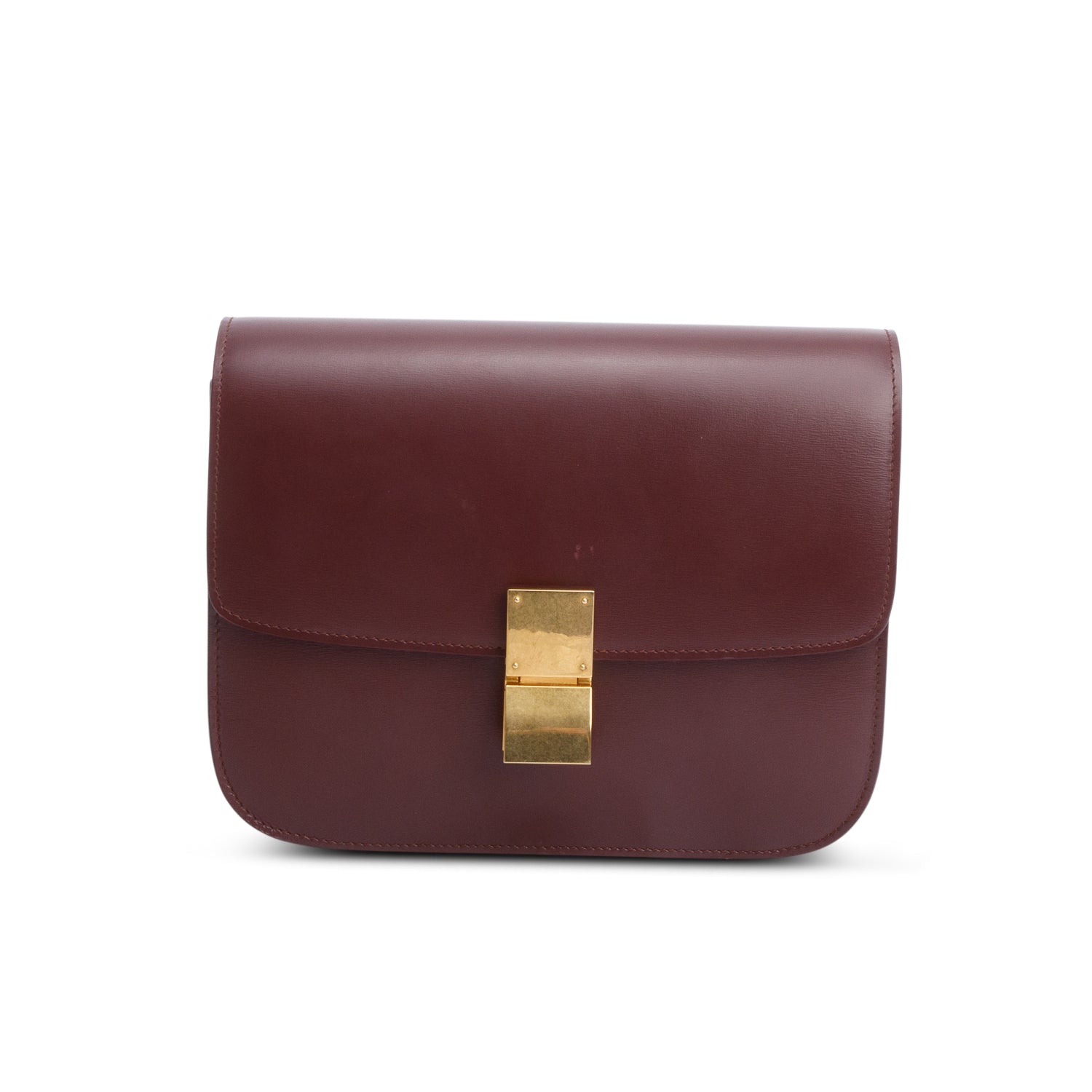 Celine Burgundy Calfskin Classic Box Bag Medium Flap Travel Bag