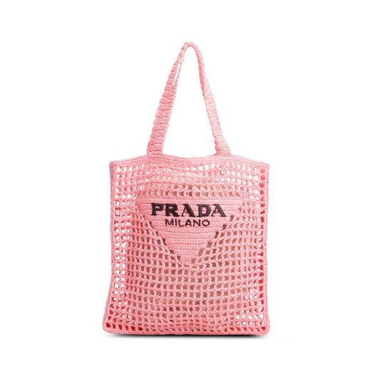 Prada Crochet Logo Embroidered Tote Bag Raffia