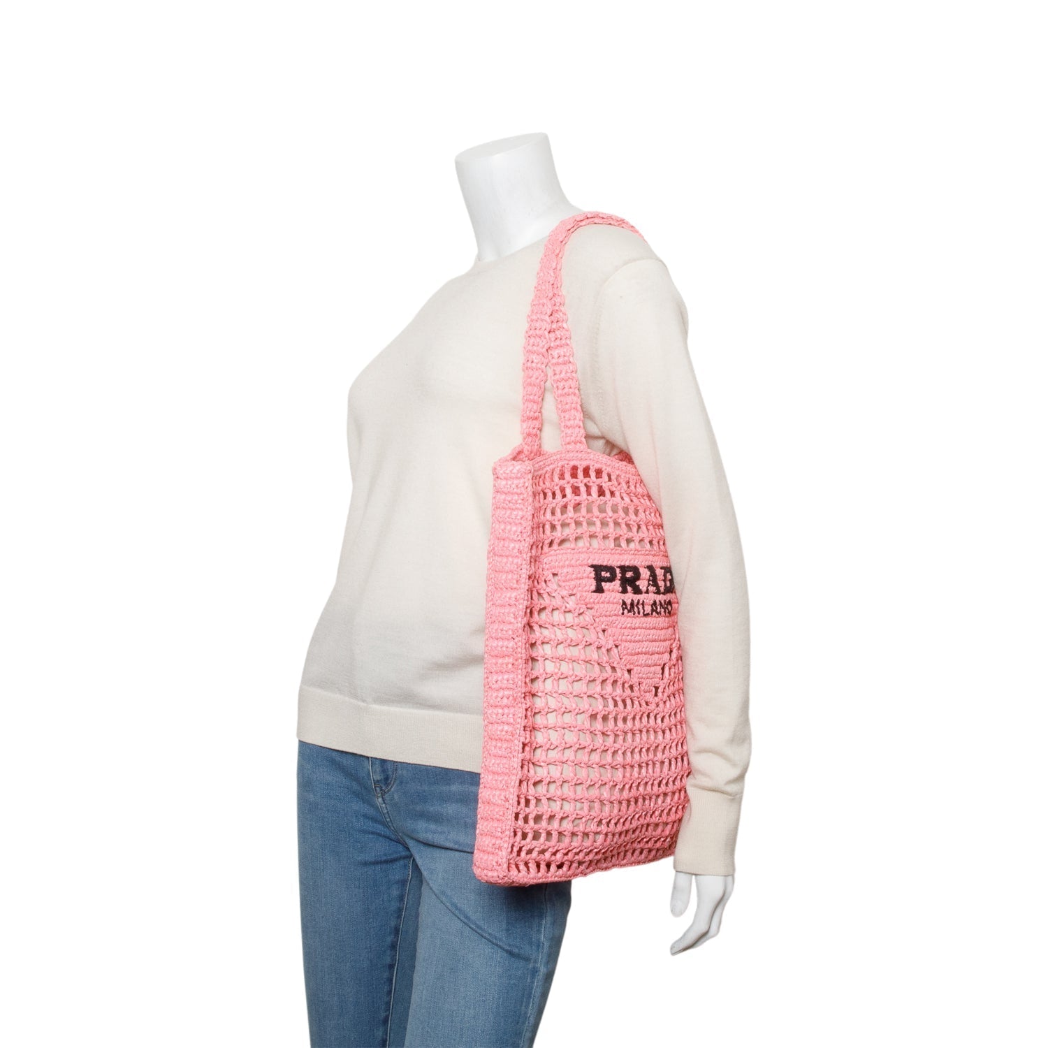 Prada Crochet Logo Embroidered Tote Bag Raffia
