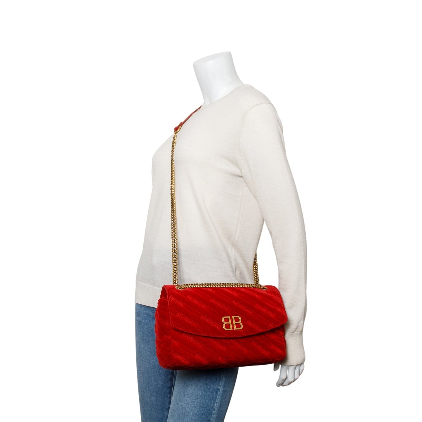 Balenciaga Velvet Logo Bb Shoulder Bag Matelasse Red