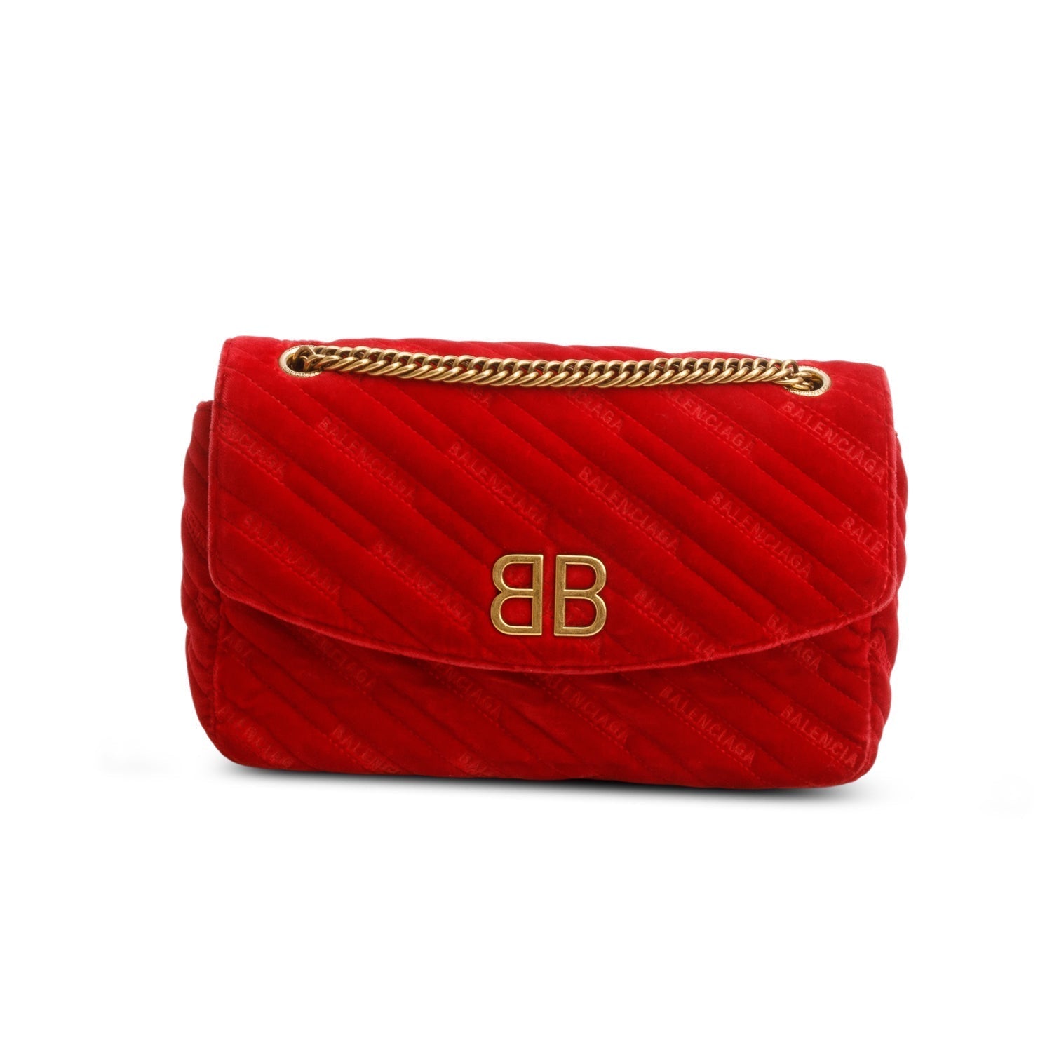 Balenciaga Velvet Logo Bb Shoulder Bag Matelasse Red