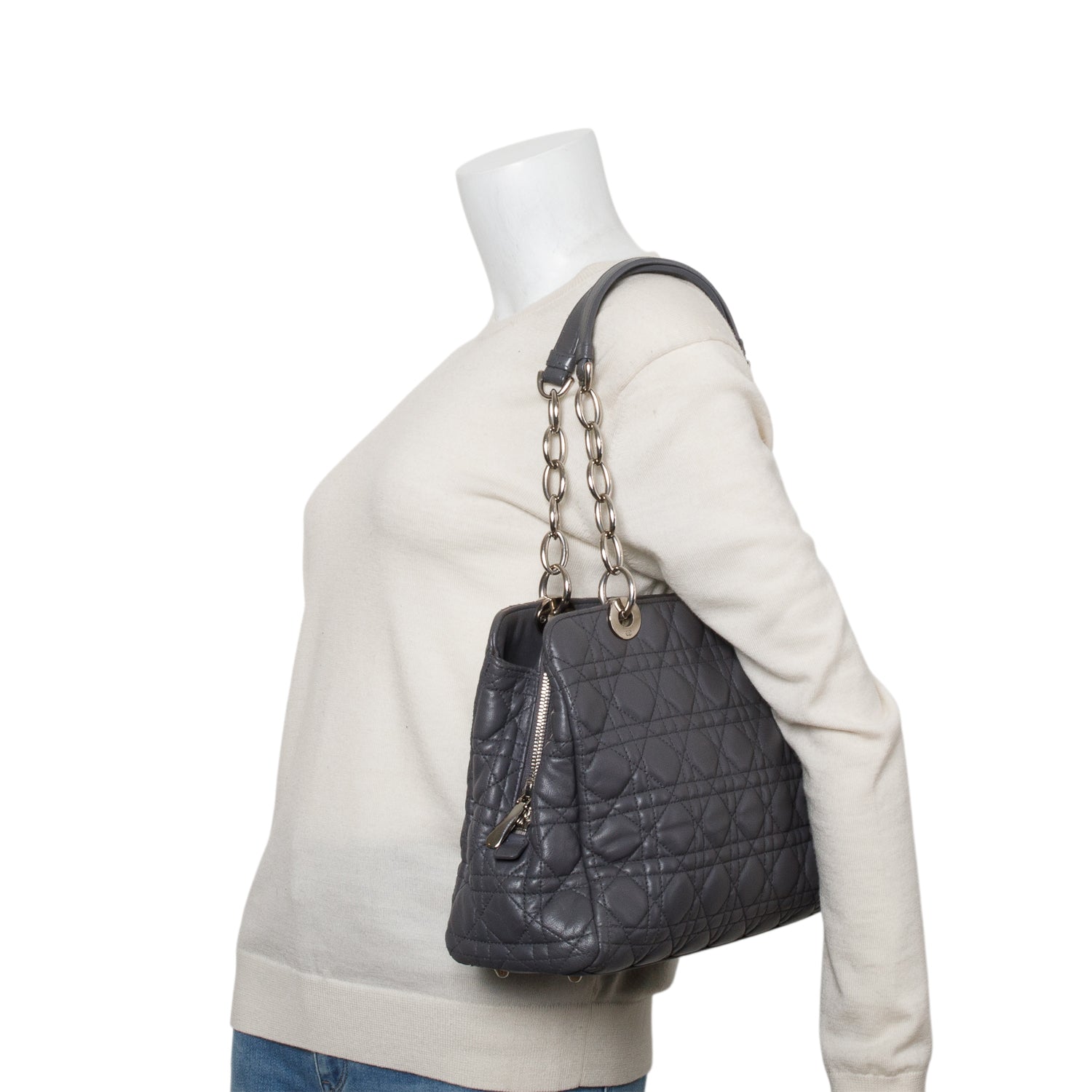 Dior Christian Grey Lambskin Cannage Soft Zipped Shopping Small Tote Bag