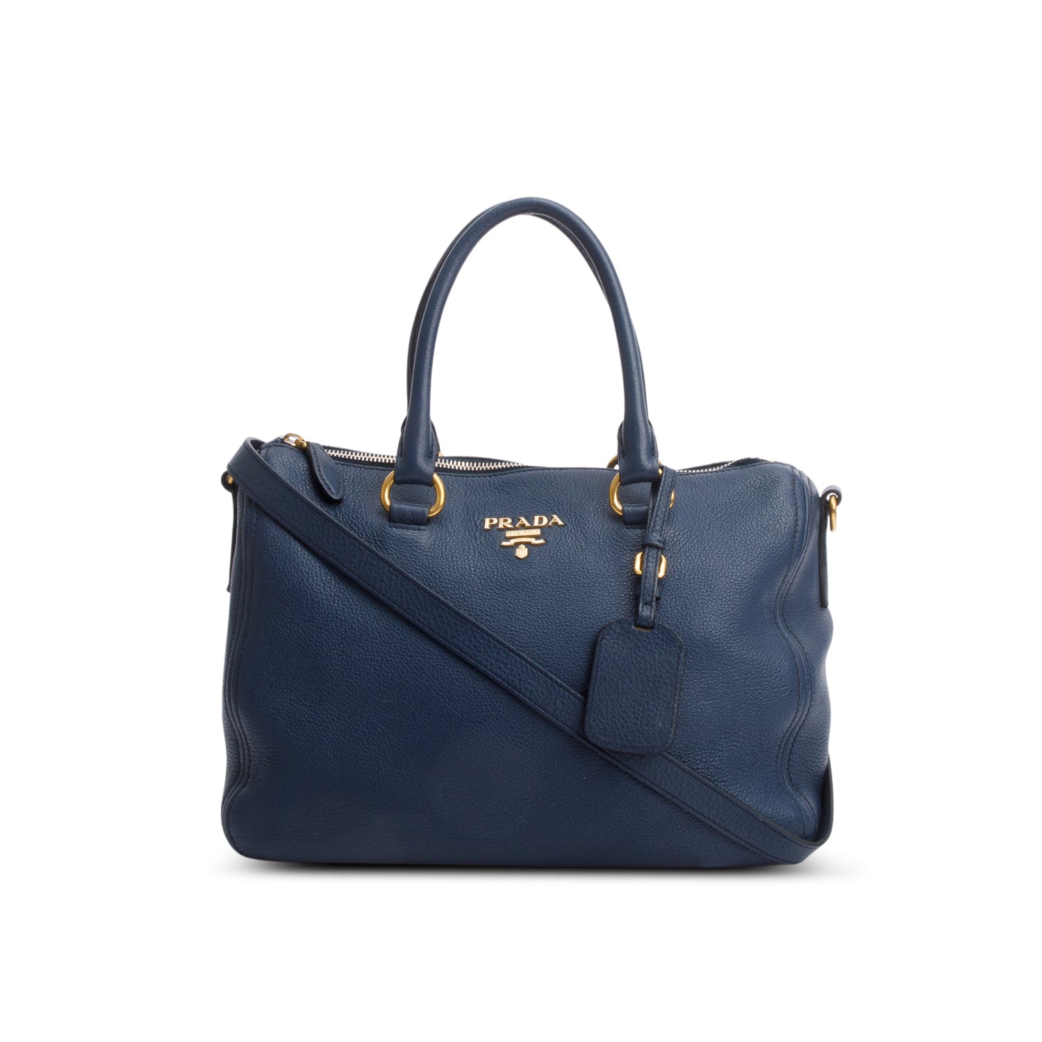 Prada Vitello Daino Two Way Tote Handbag Blue Tote Bag