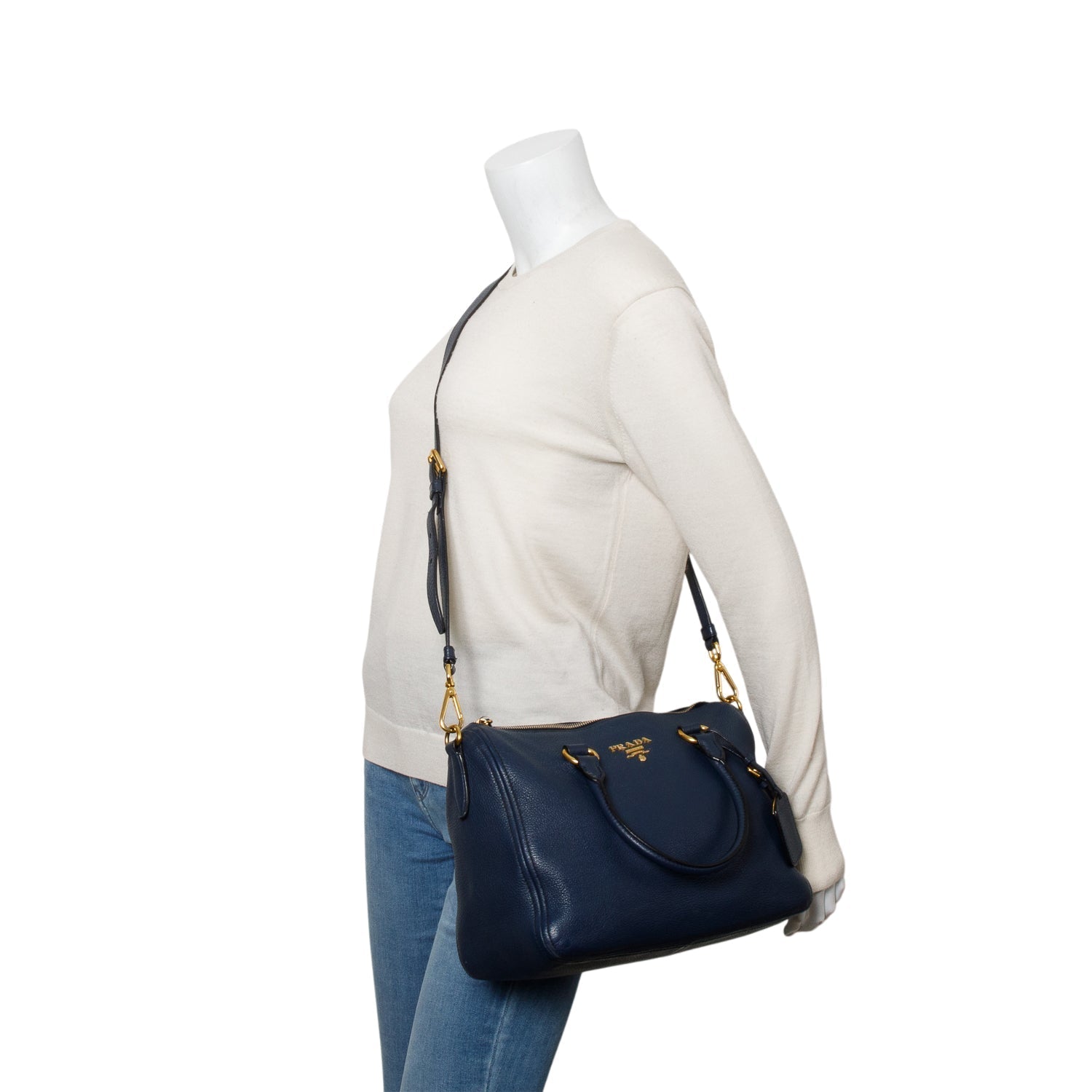 Prada Vitello Daino Two Way Tote Handbag Blue Tote Bag