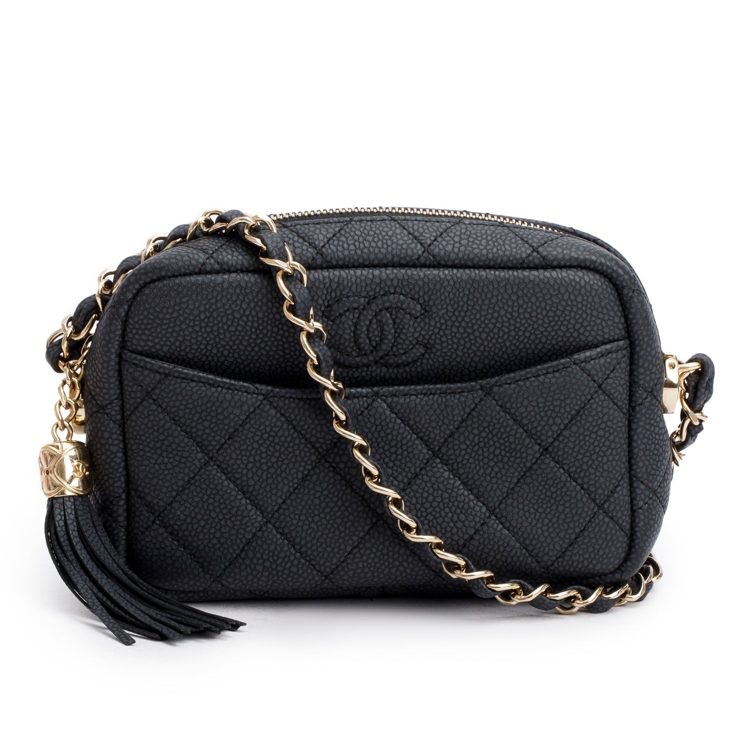Chanel Caviar Quilted Coco Tassel Camera Black Travel Bag