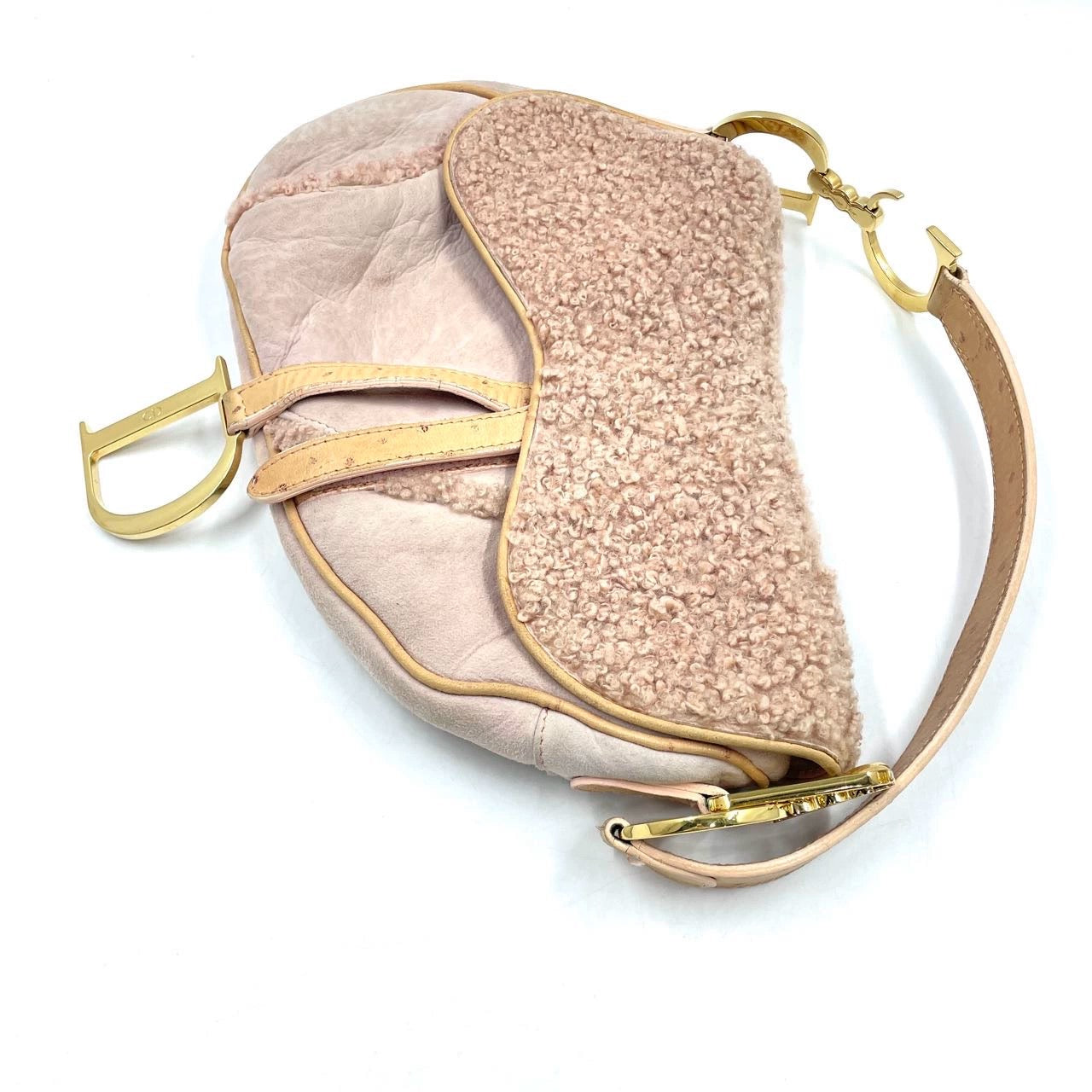 Dior Saddle Shoulder Bag Shearling And Ostrich Leather Pink