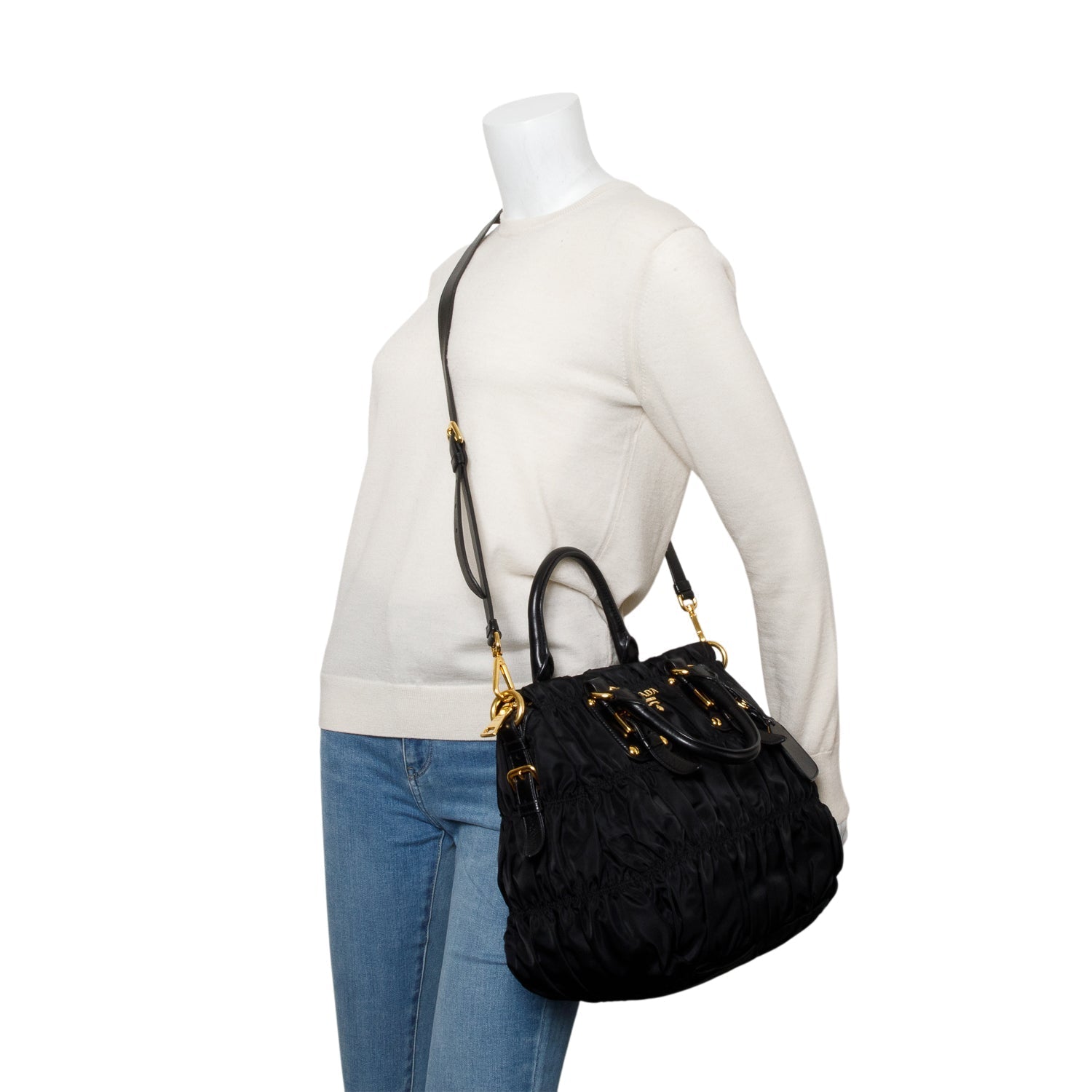 Prada Trimmed Tessuto Gaufre Tote Handbag Leather Black Tote Bag
