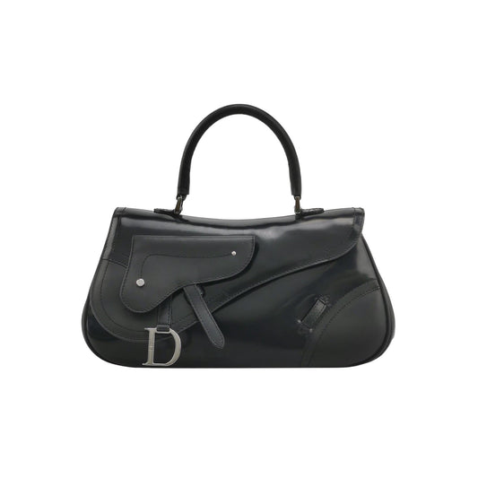 Dior Top Handle Saddle Bag Smooth Shiny Calfskin Leather Black Travel Bag