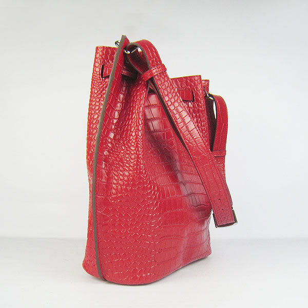 Hermes Luxury Crocodile Vein Shoulder Bag Red Silver