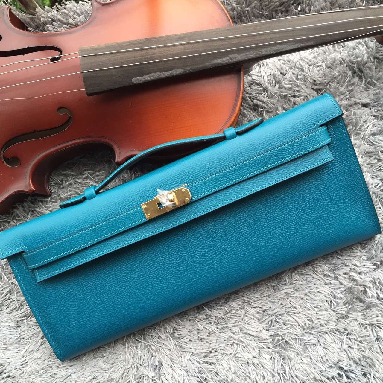 Hermes Luxury Turquoise Handcrafted Kelly Cut Clutch Handbag Clutch Bag