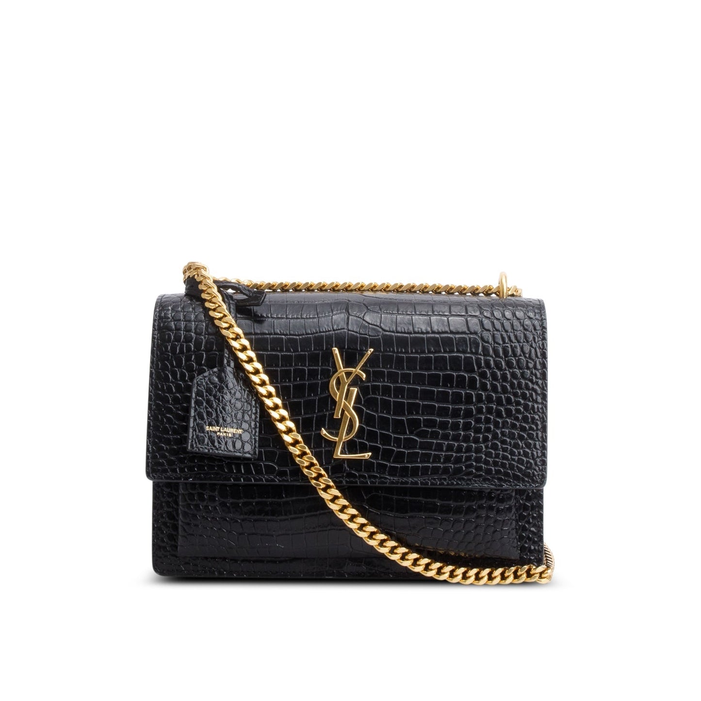 YSL Saint Laurent Croc Embossed Calfskin Sunset Bag Black Medium Travel Bag