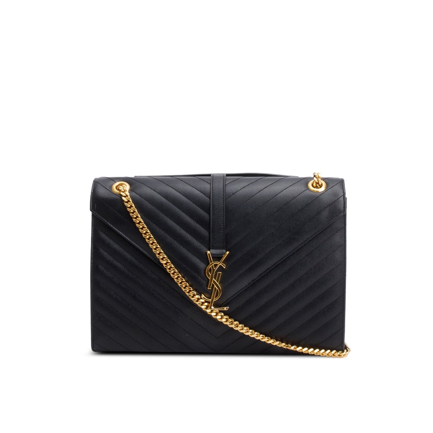 YSL Saint Laurent Chevron Grain De Poudre Envelope Chain Bag Leather Black Travel Bag