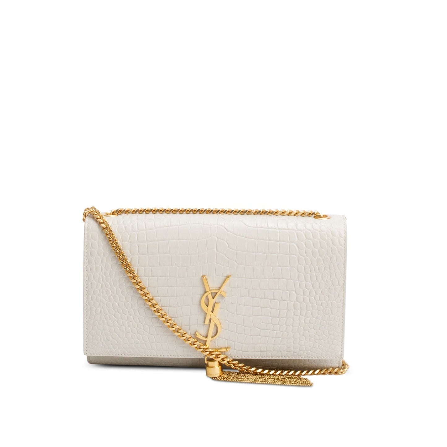 YSL Saint Laurent Grey Crocodile Embossed Classic Kate Tassel Chain Leather Monogram Travel Bag