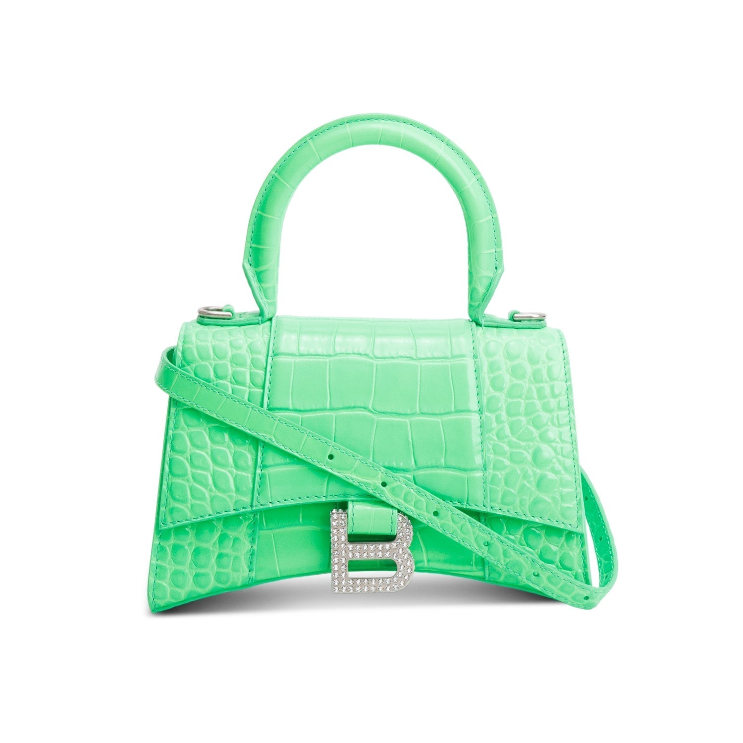 Balenciaga Croc Embossed Xs Hourglass Crystal Top Handle Leather Green Travel Bag