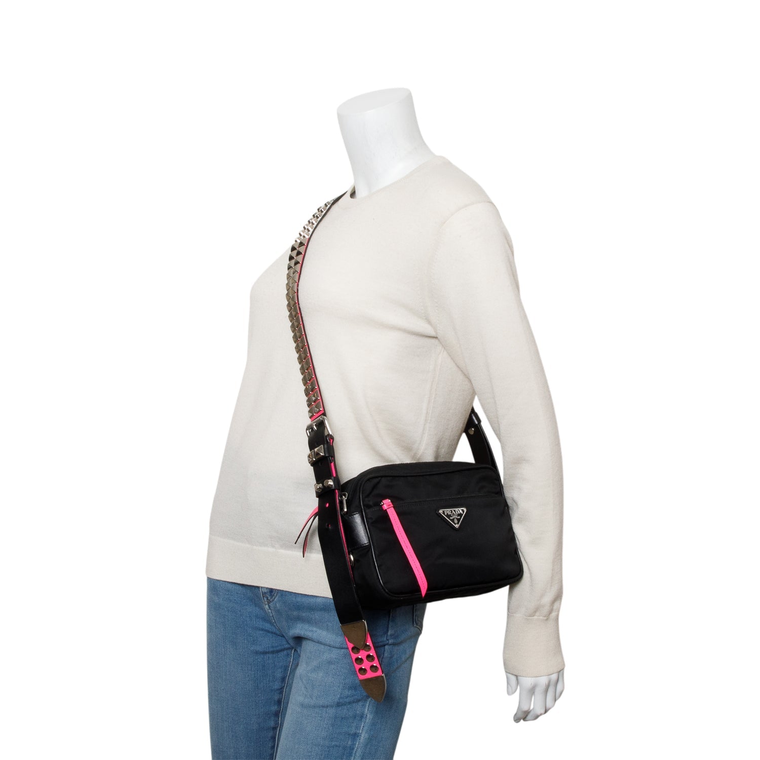 Prada Tessuto Studded New Vela Shoulder Bag Nylon Black